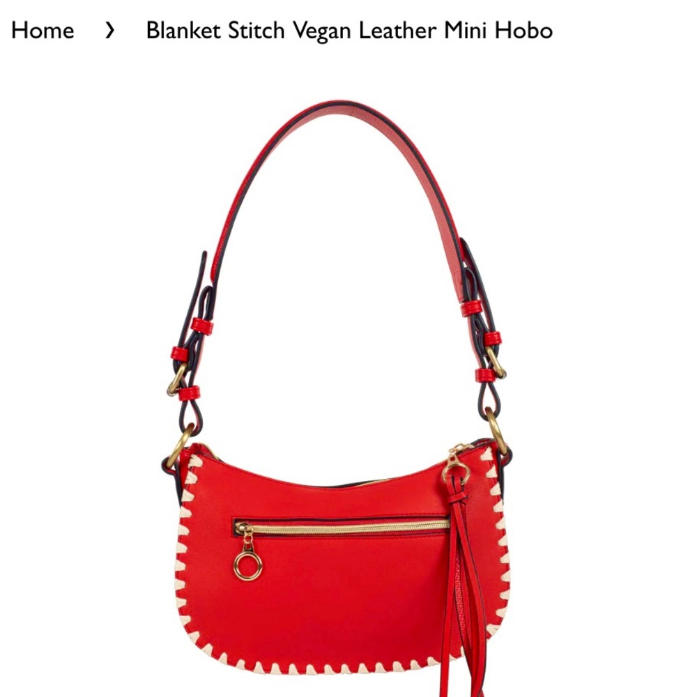 SONDRA ROBERTS BLANKET STITCH VEGAN LEATHER MINI RED HOBO CRESCENT BAGUETTE NEW!